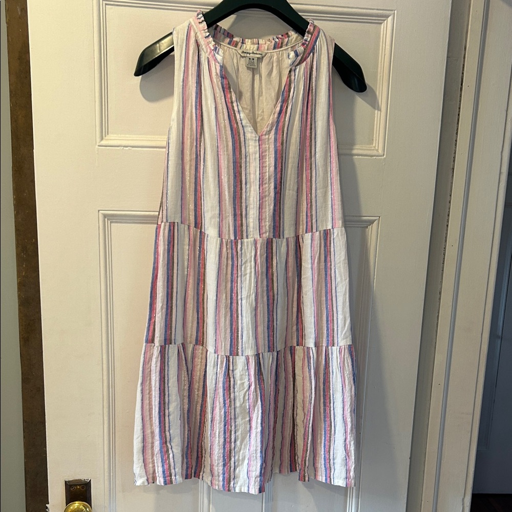 Tommy Bahama Striped Tiered Summer Dress - Pink & Blue and silver size Medium